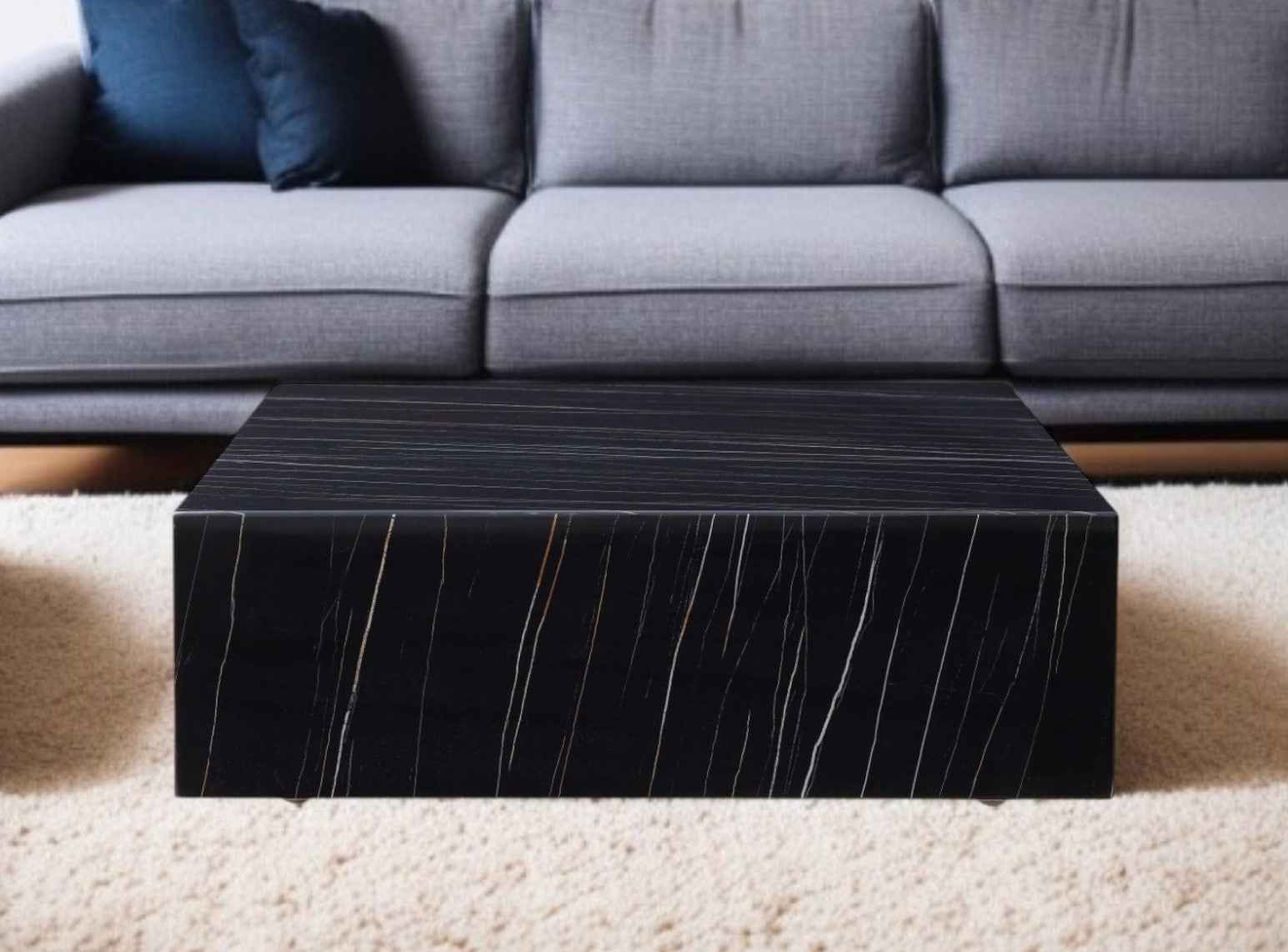 35" Black Genuine Marble And Brass Square Coffee Table