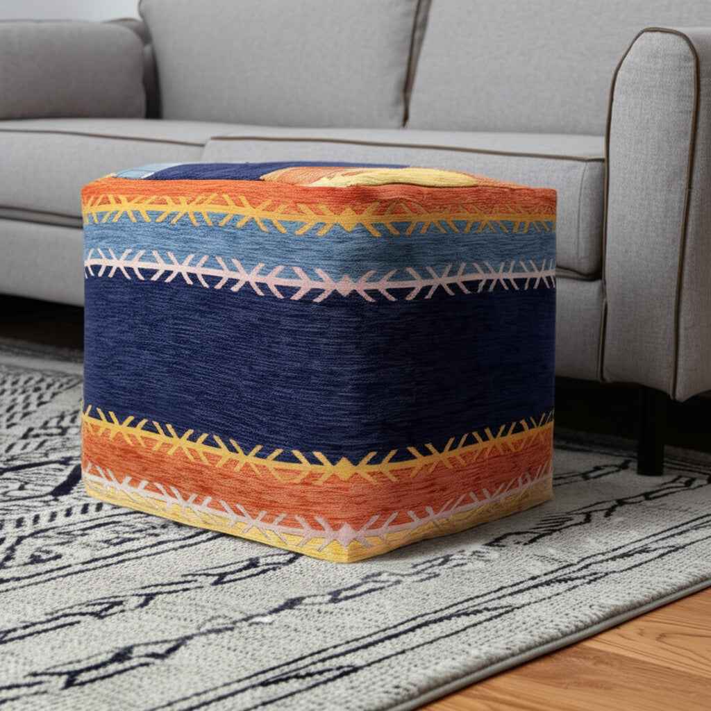18" Blue And Orange Polyester Blend Striped Pouf Ottoman