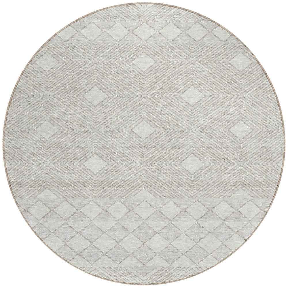 8' Ivory And Gray Round Geometric Washable Indoor Outdoor Area Rug