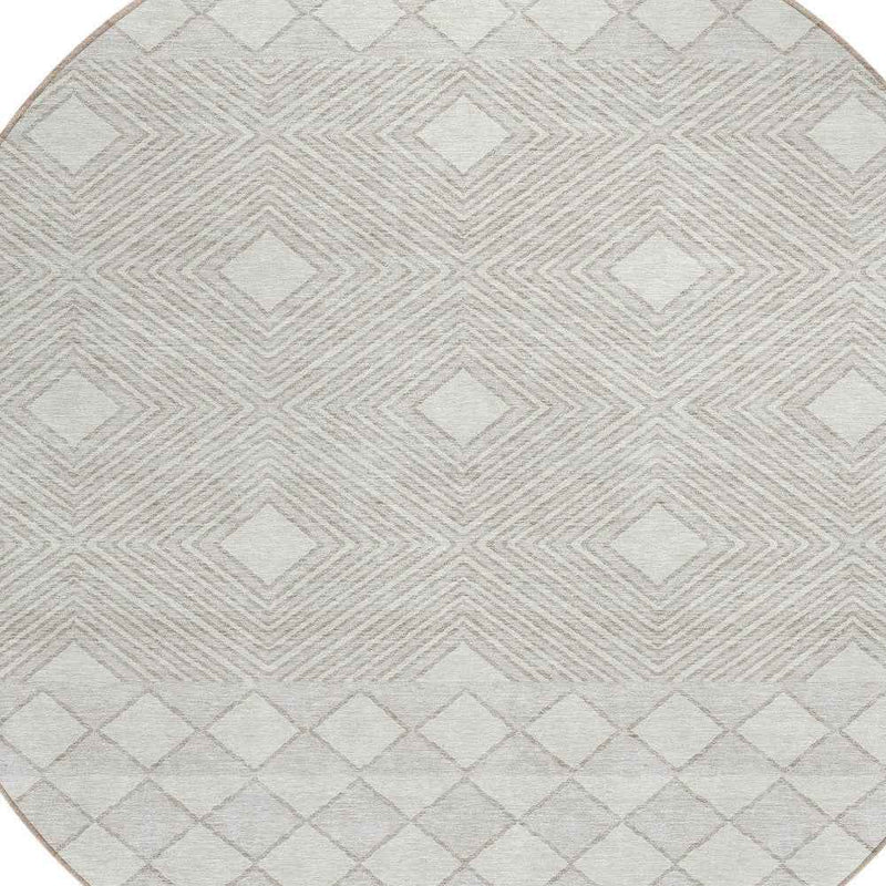 8' Ivory And Gray Round Geometric Washable Indoor Outdoor Area Rug