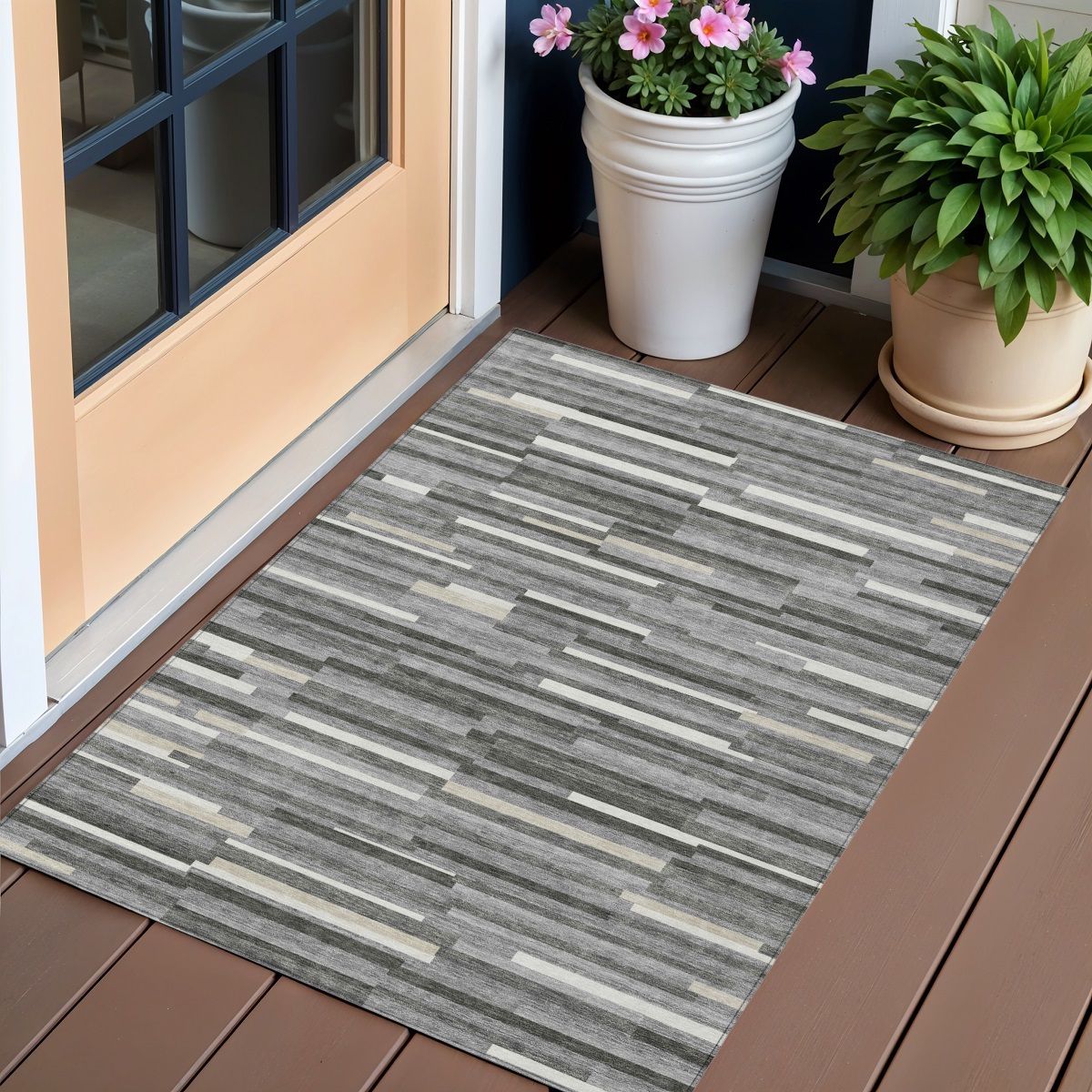 3' X 5' Gray And Ivory Striped Washable Indoor Outdoor Area Rug - Sports & Outdoor