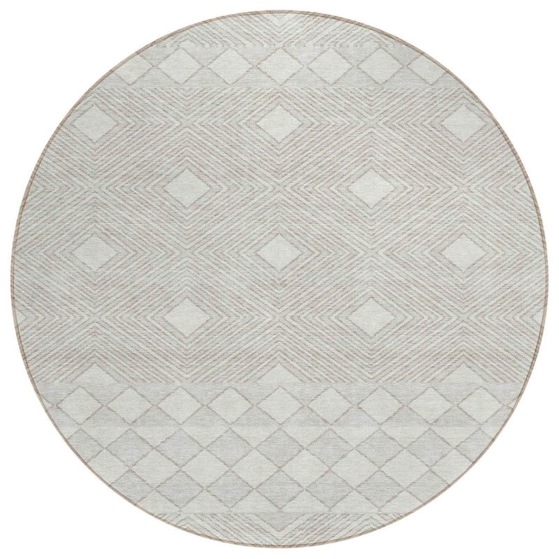 8' Ivory And Gray Round Geometric Washable Indoor Outdoor Area Rug