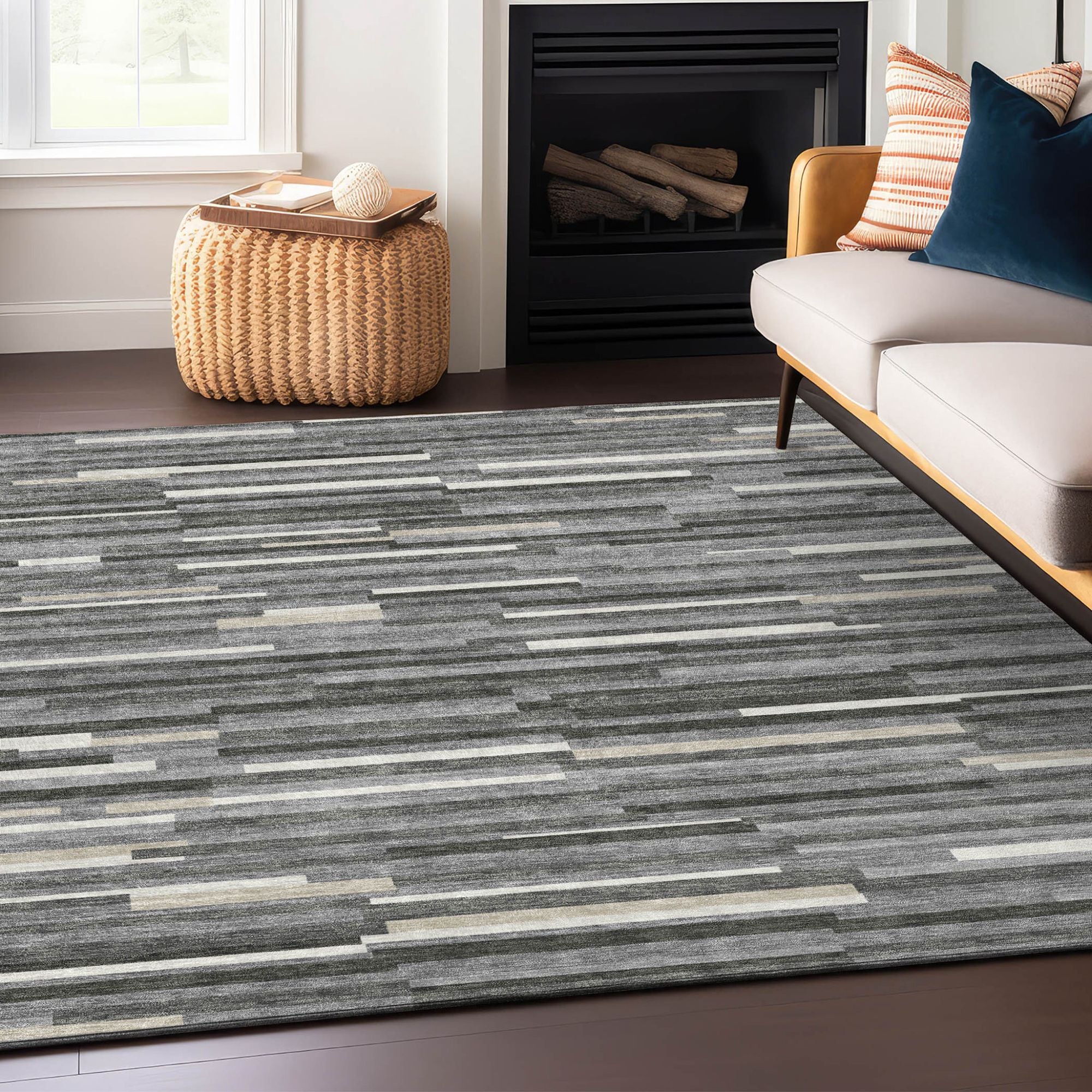3' X 5' Gray And Ivory Striped Washable Indoor Outdoor Area Rug - Sports & Outdoor