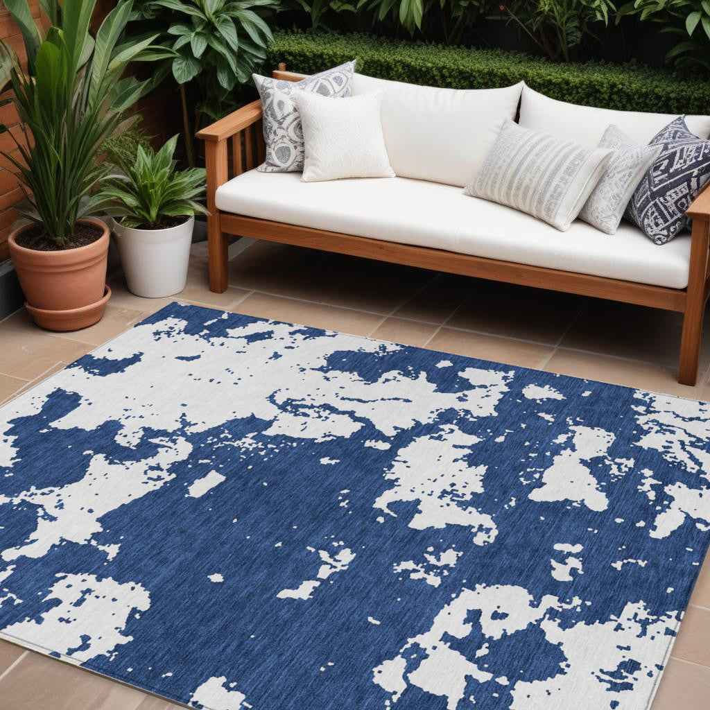 8' X 10' Navy Blue And Ivory Abstract Washable Indoor Outdoor Area Rug