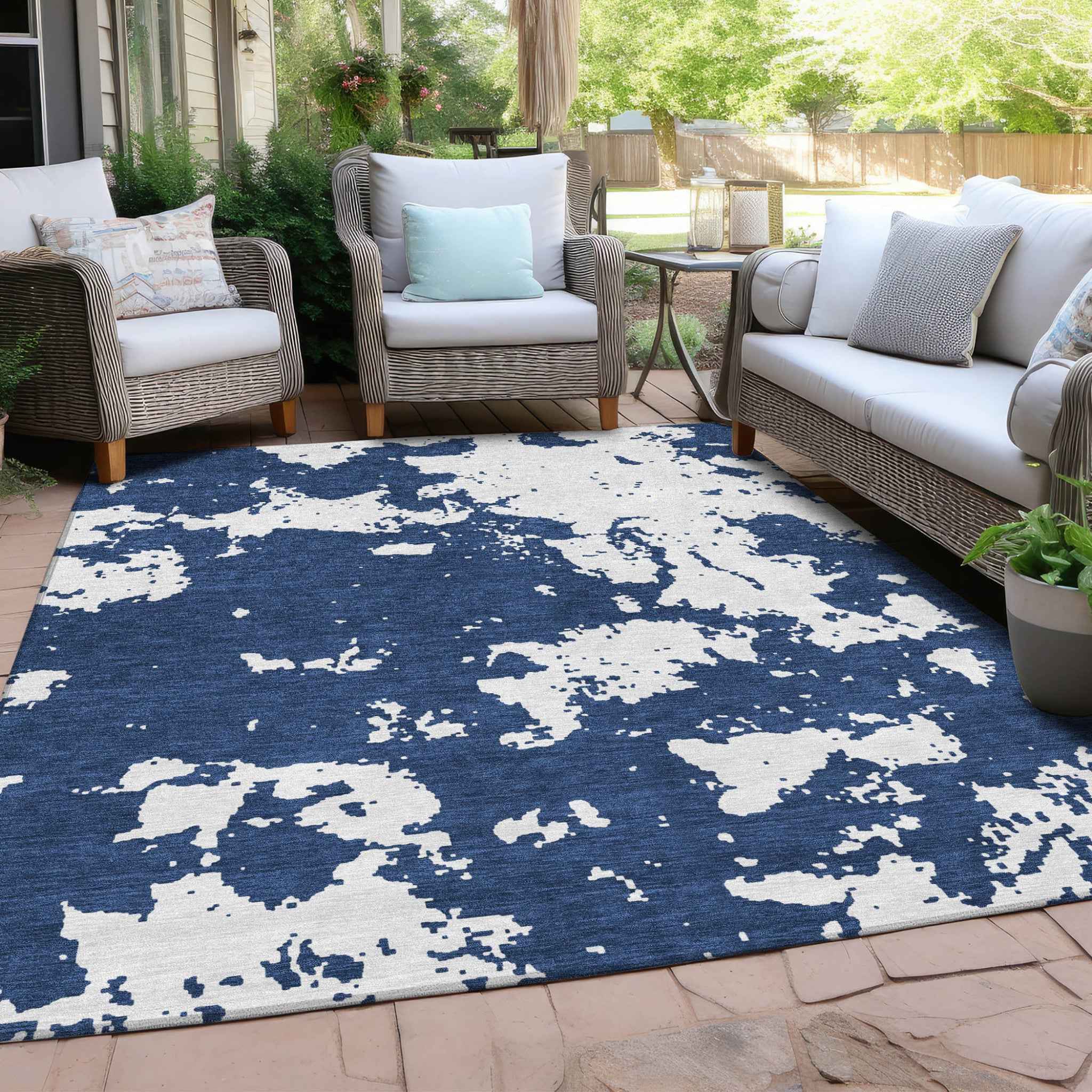 8' X 10' Navy Blue And Ivory Abstract Washable Indoor Outdoor Area Rug