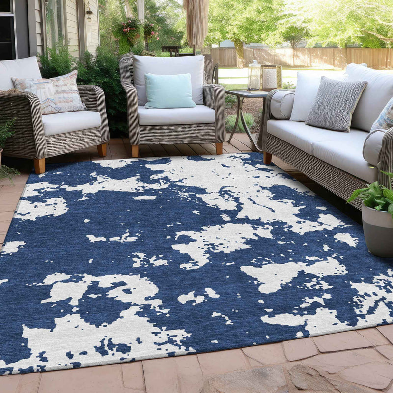 8' X 10' Navy Blue And Ivory Abstract Washable Indoor Outdoor Area Rug