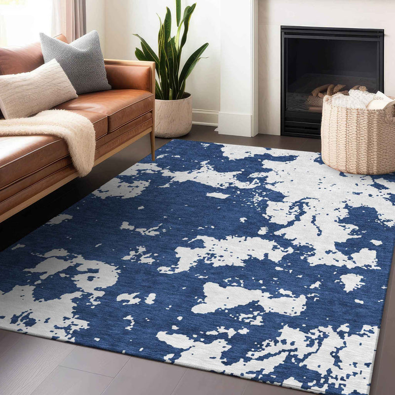 8' X 10' Navy Blue And Ivory Abstract Washable Indoor Outdoor Area Rug