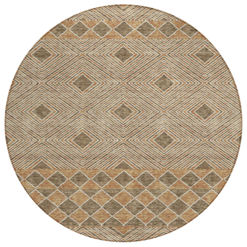 8' Brown And Beige Round Geometric Washable Indoor Outdoor Area Rug