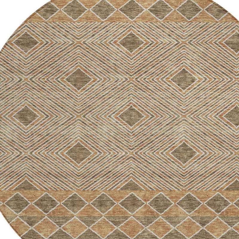 8' Brown And Beige Round Geometric Washable Indoor Outdoor Area Rug