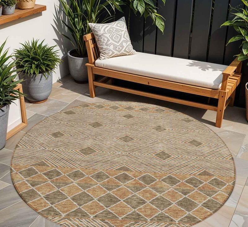 8' Brown And Beige Round Geometric Washable Indoor Outdoor Area Rug