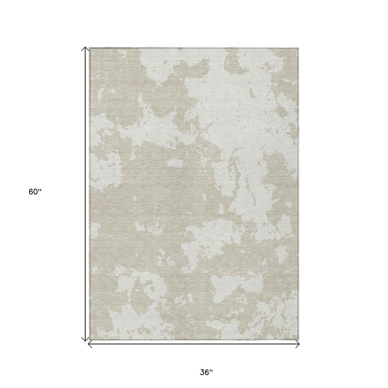 3' X 5' Beige And Ivory Abstract Washable Indoor Outdoor Area Rug
