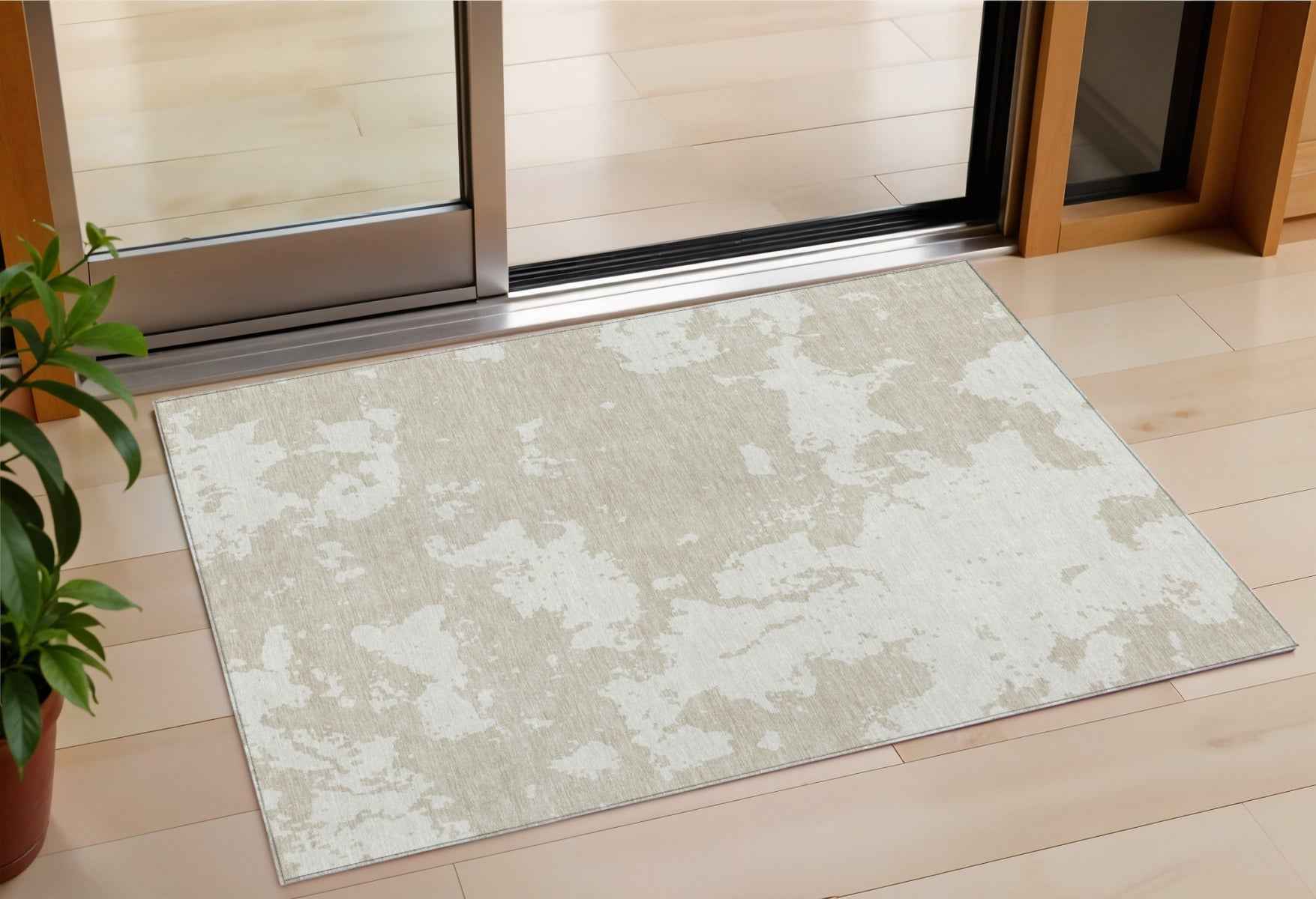 3' X 5' Beige And Ivory Abstract Washable Indoor Outdoor Area Rug
