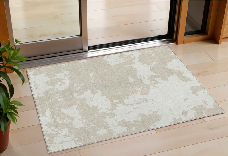 3' X 5' Beige And Ivory Abstract Washable Indoor Outdoor Area Rug