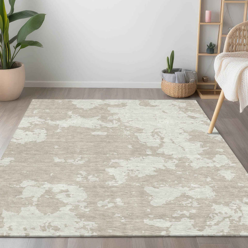 3' X 5' Beige And Ivory Abstract Washable Indoor Outdoor Area Rug