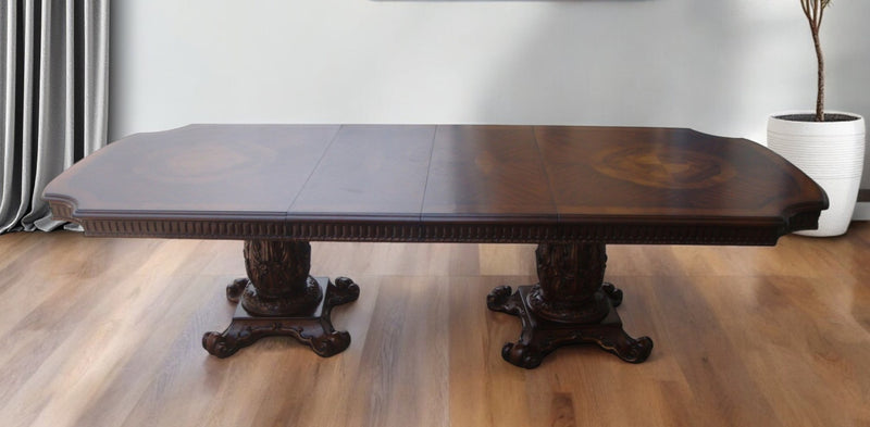 136" Brown Solid Wood And Solid Manufactured Wood Double Pedestal Base Dining Table - Kitchen & Dining