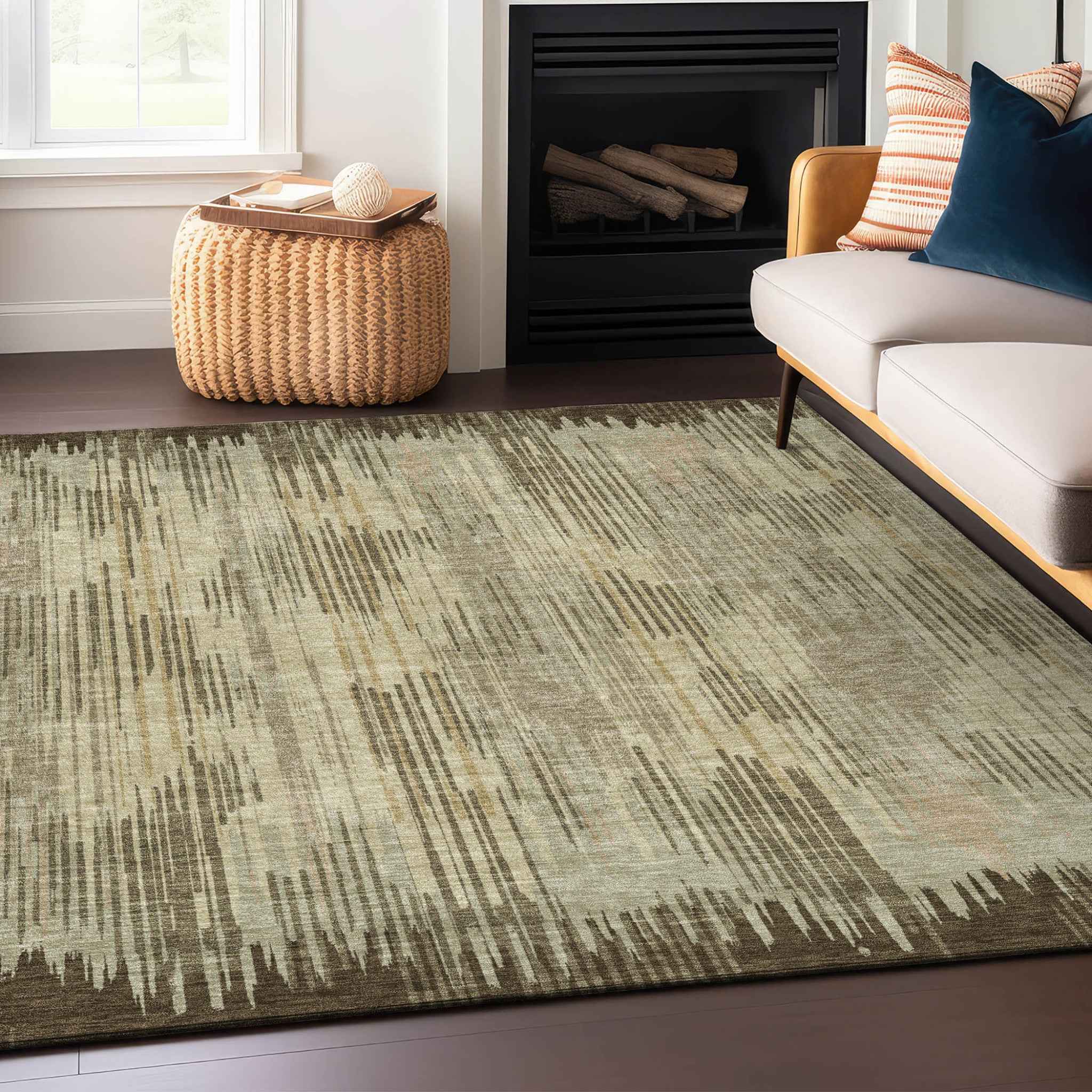 5' X 8' Brown And Green Striped Washable Indoor Outdoor Area Rug