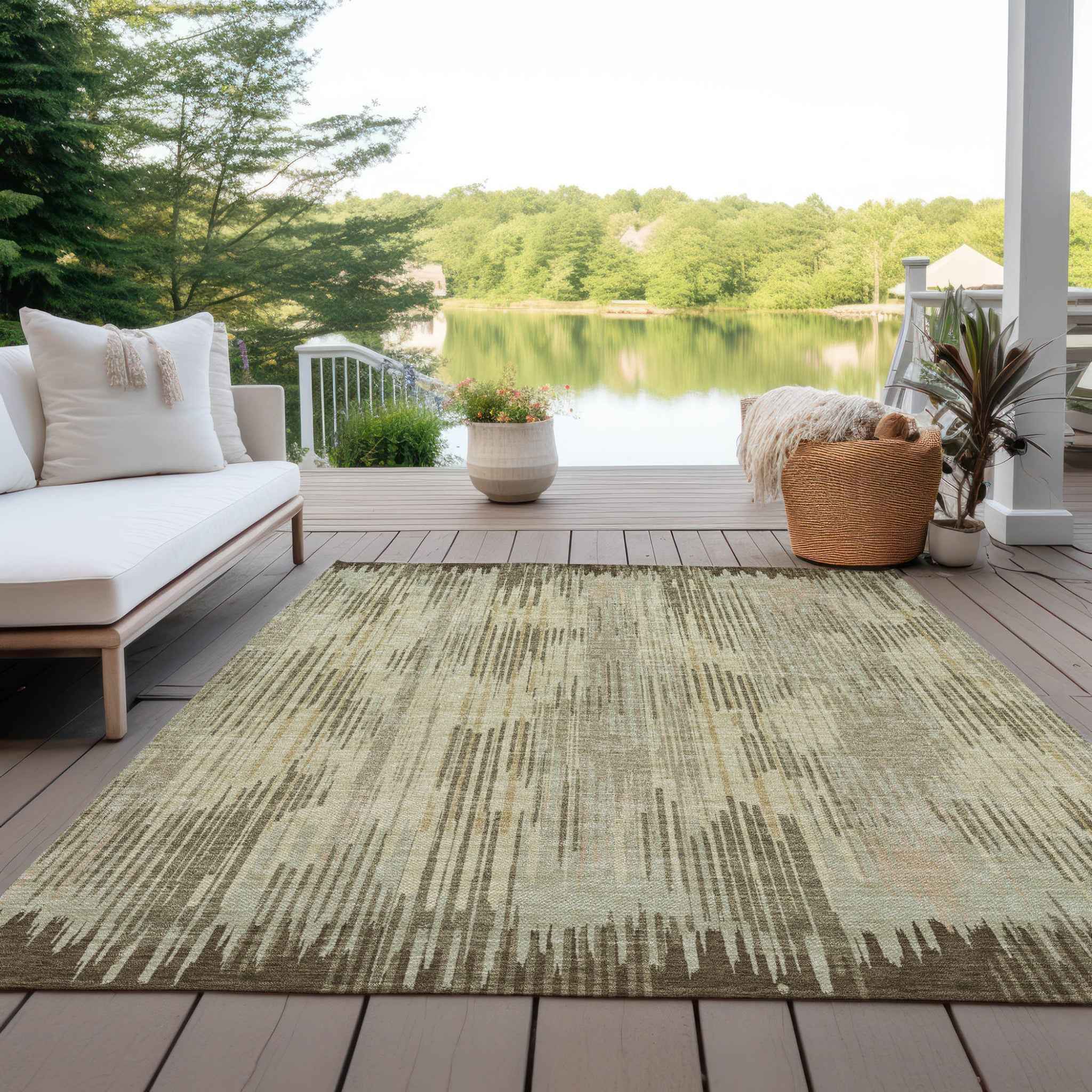 5' X 8' Brown And Green Striped Washable Indoor Outdoor Area Rug