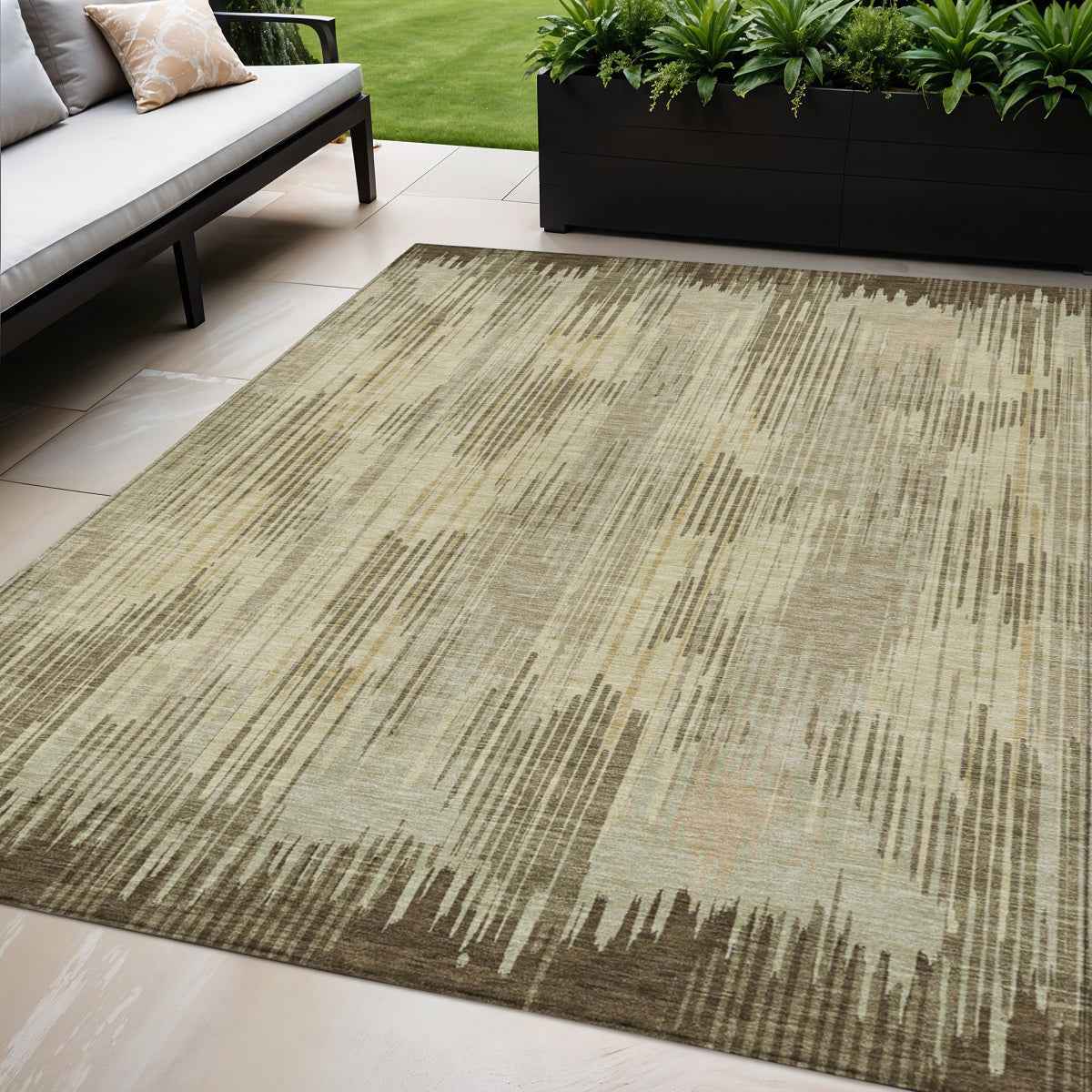5' X 8' Brown And Green Striped Washable Indoor Outdoor Area Rug