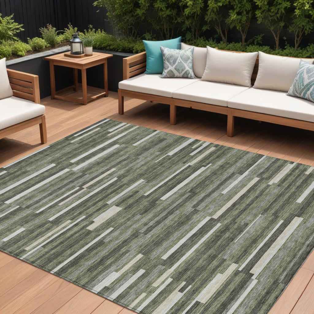 8' X 10' Olive Green Gray And Ivory Striped Washable Indoor Outdoor Area Rug