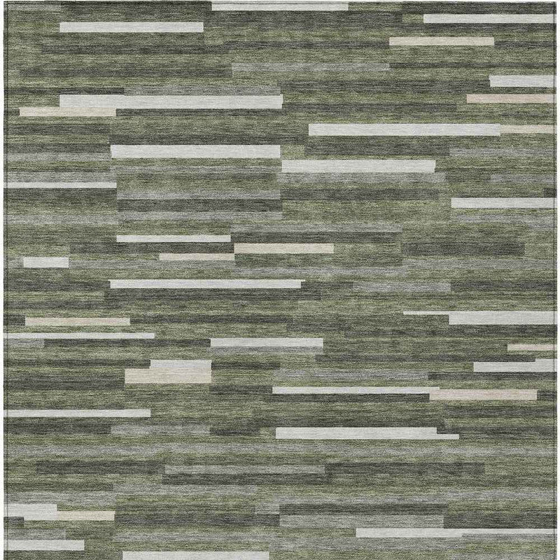 8' X 10' Olive Green Gray And Ivory Striped Washable Indoor Outdoor Area Rug