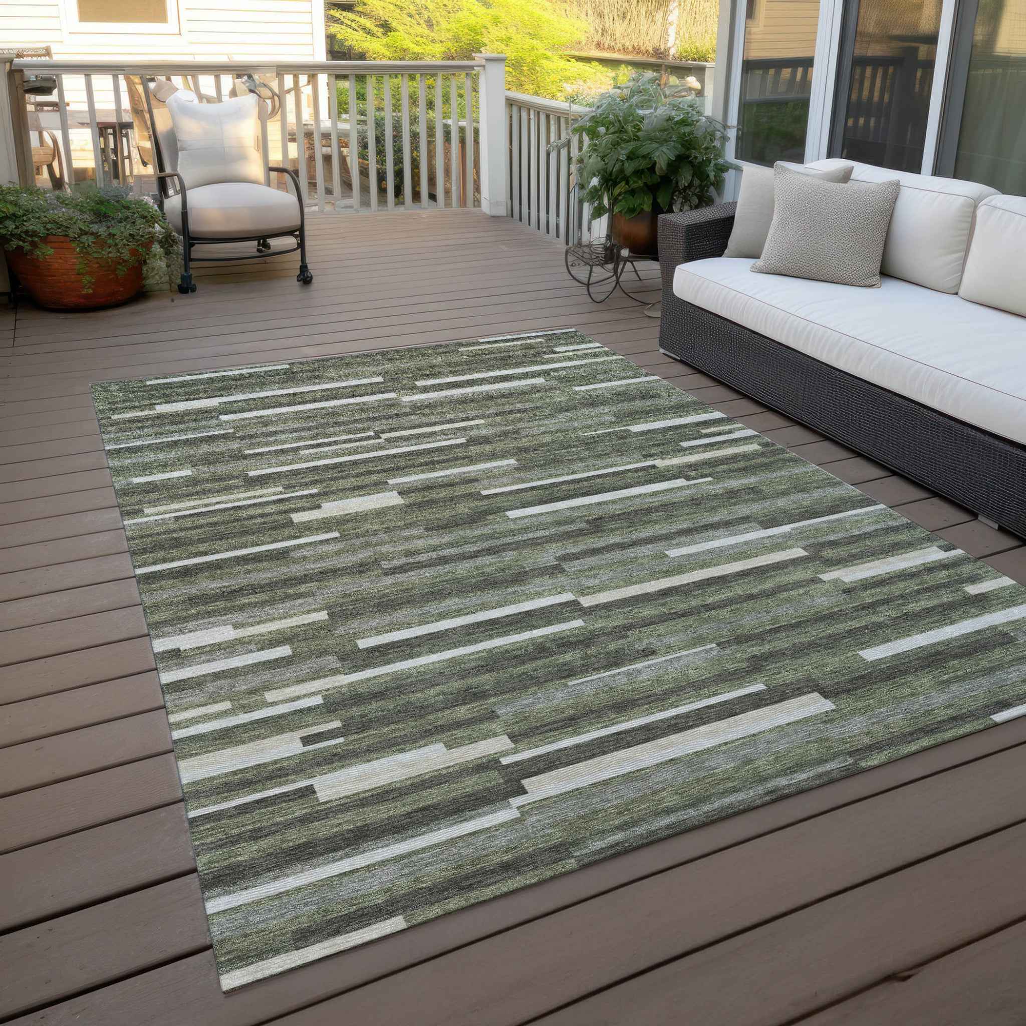 8' X 10' Olive Green Gray And Ivory Striped Washable Indoor Outdoor Area Rug