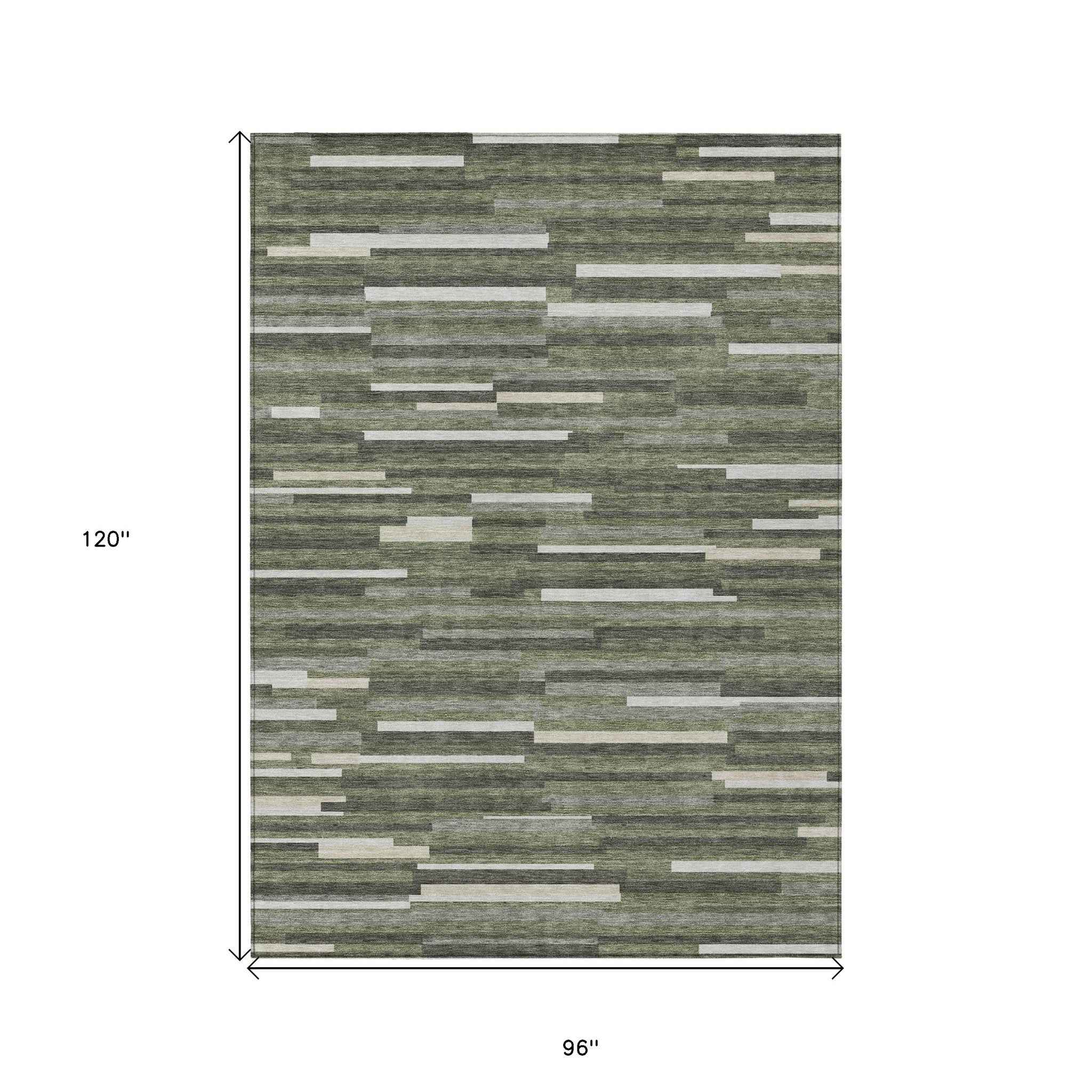 8' X 10' Olive Green Gray And Ivory Striped Washable Indoor Outdoor Area Rug