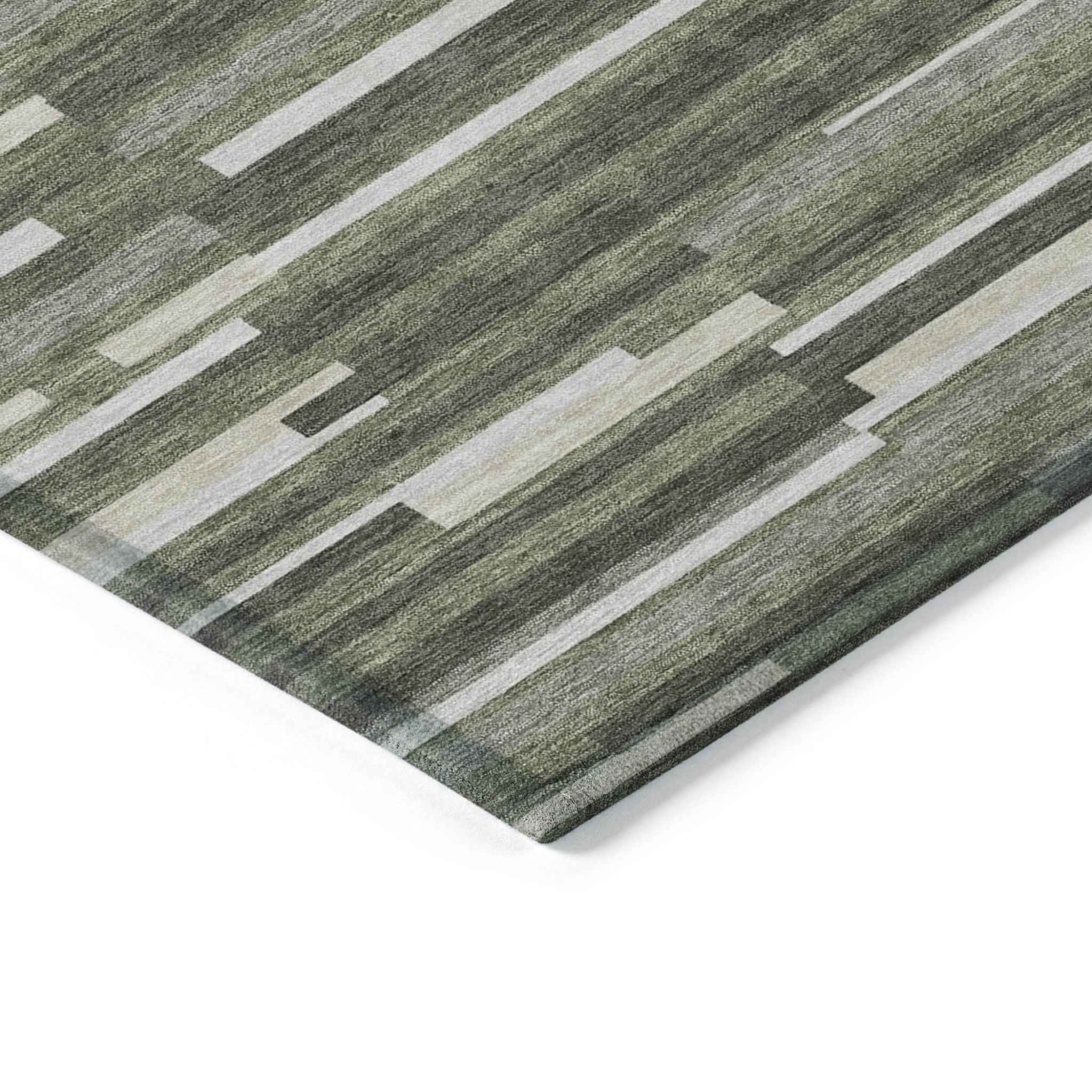 8' X 10' Olive Green Gray And Ivory Striped Washable Indoor Outdoor Area Rug