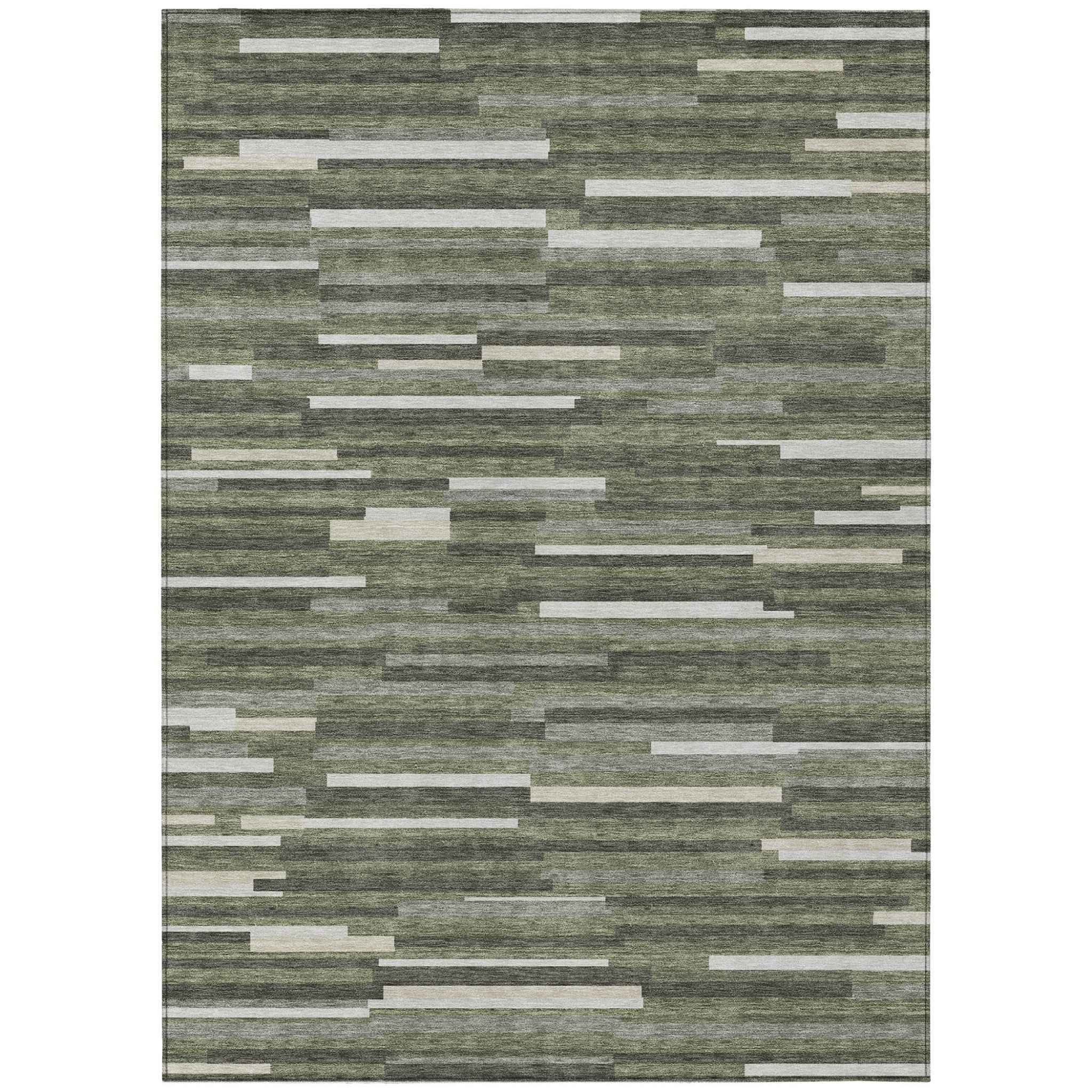 8' X 10' Olive Green Gray And Ivory Striped Washable Indoor Outdoor Area Rug