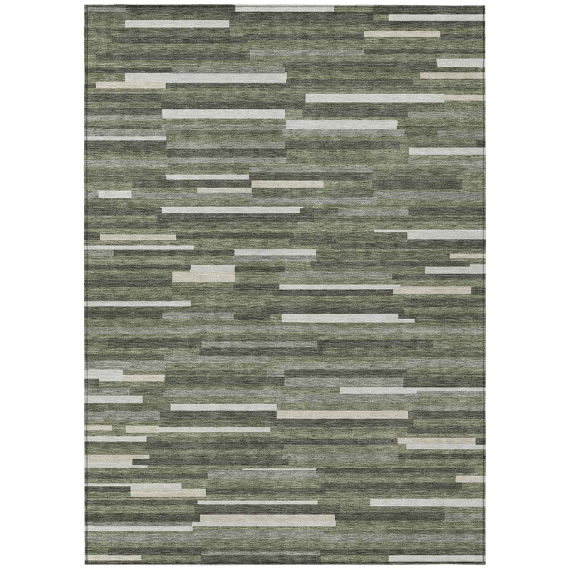8' X 10' Olive Green Gray And Ivory Striped Washable Indoor Outdoor Area Rug