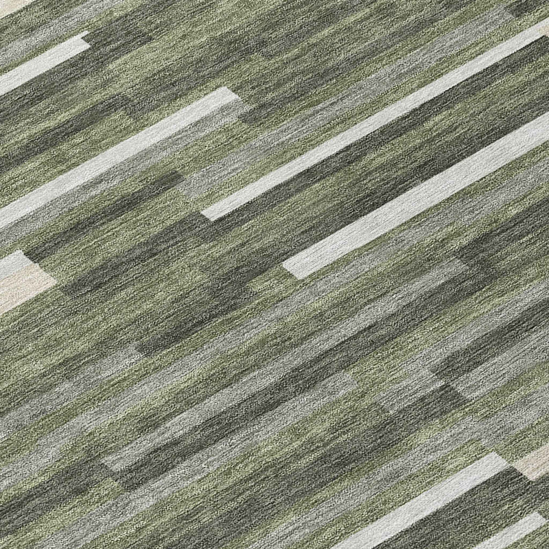 8' X 10' Olive Green Gray And Ivory Striped Washable Indoor Outdoor Area Rug