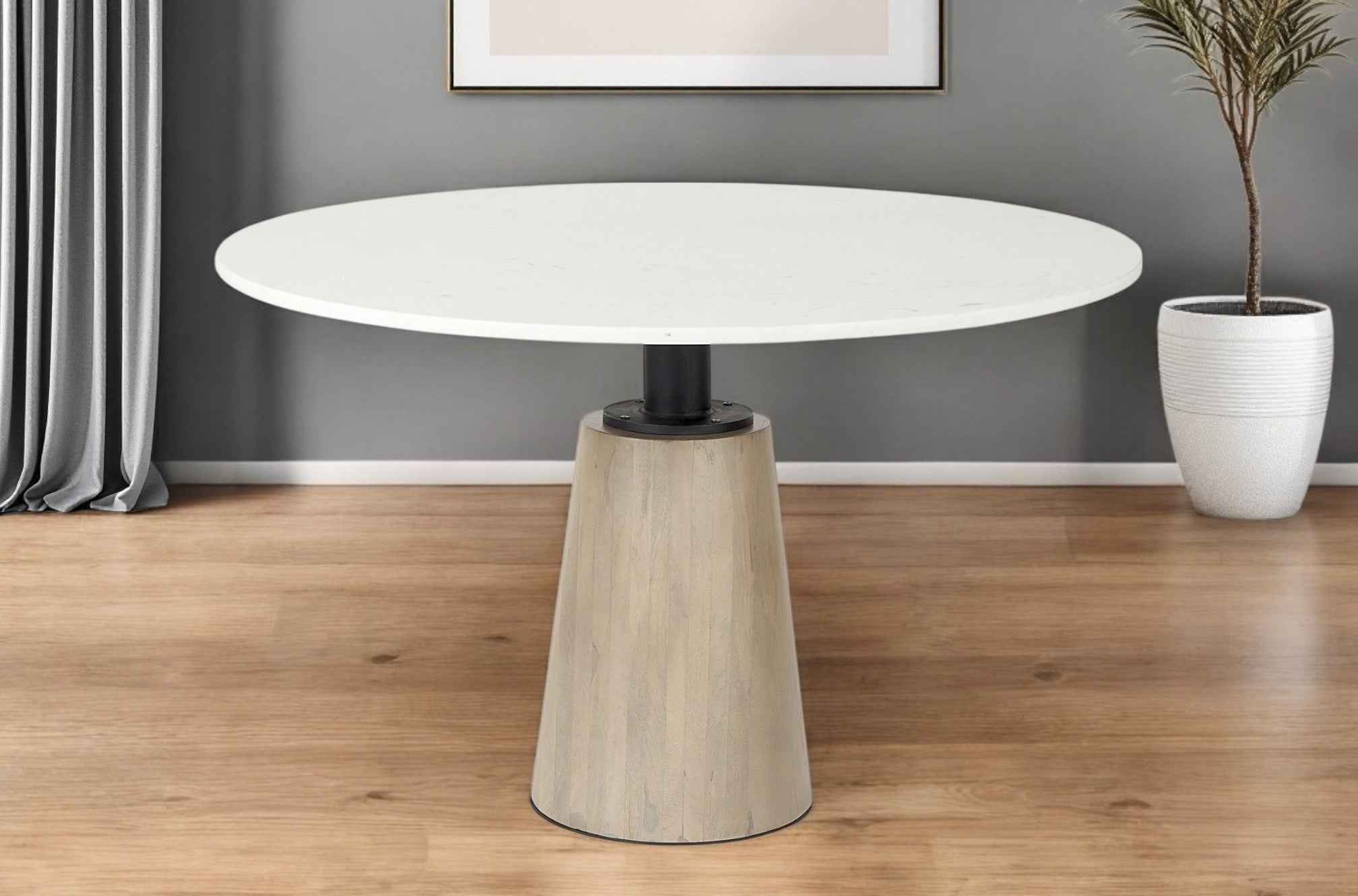 48" White And Natural Rounded Marble Pedestal Base Dining Table
