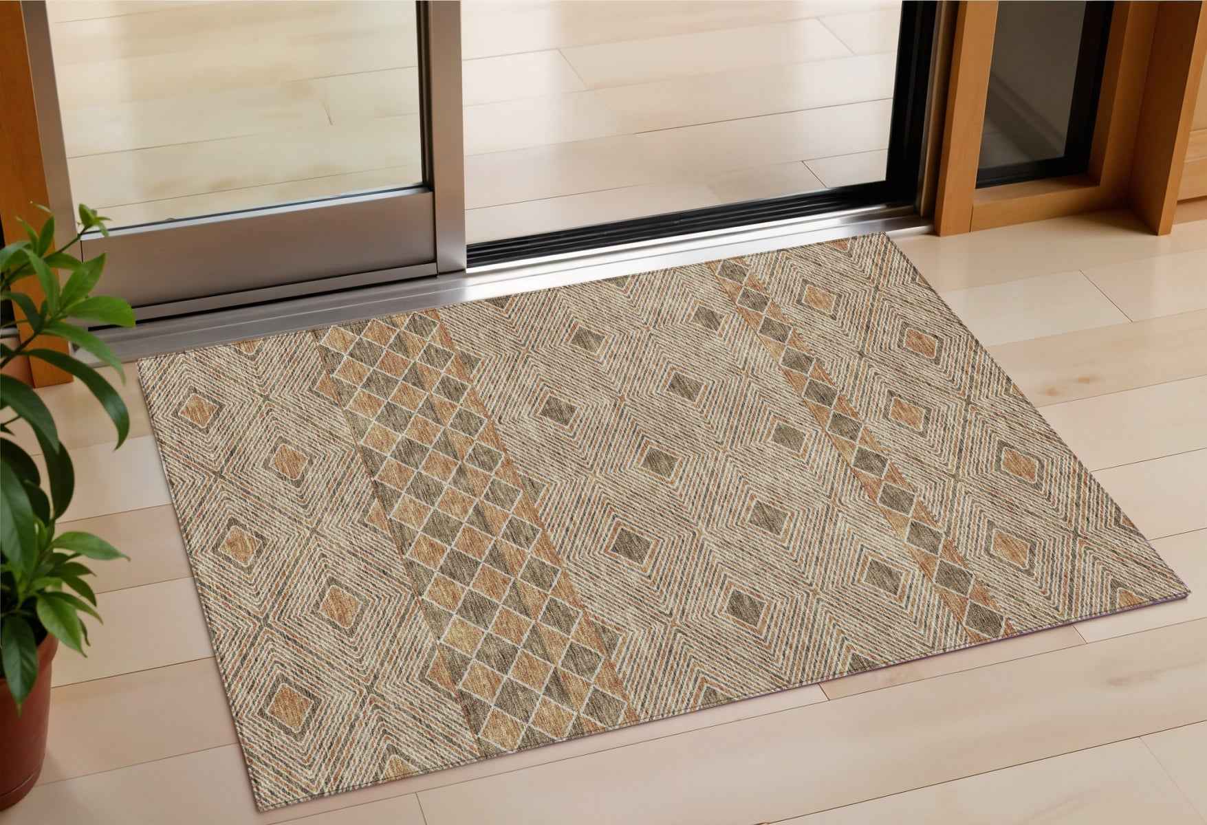 3' X 5' Brown And Beige Geometric Washable Indoor Outdoor Area Rug