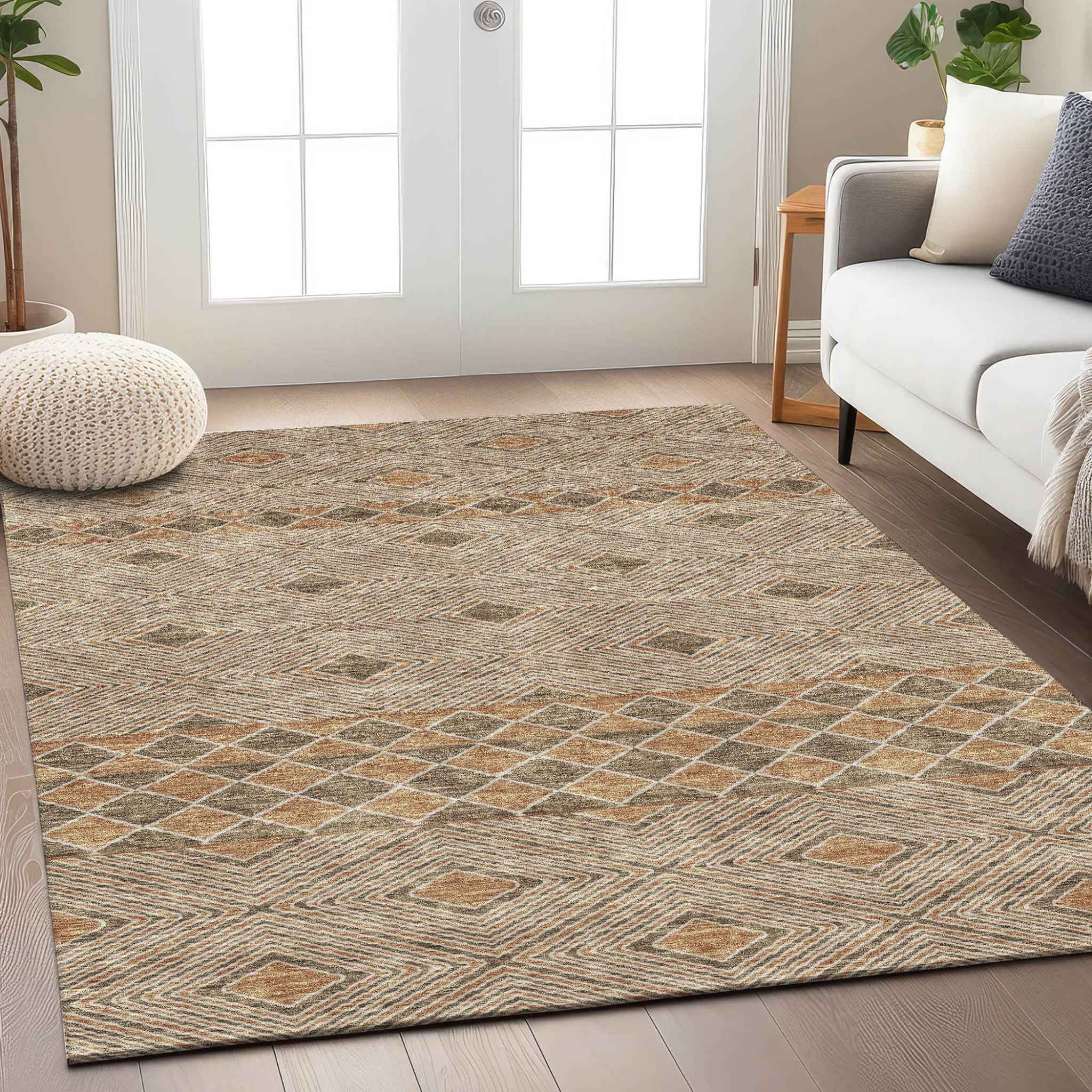 3' X 5' Brown And Beige Geometric Washable Indoor Outdoor Area Rug