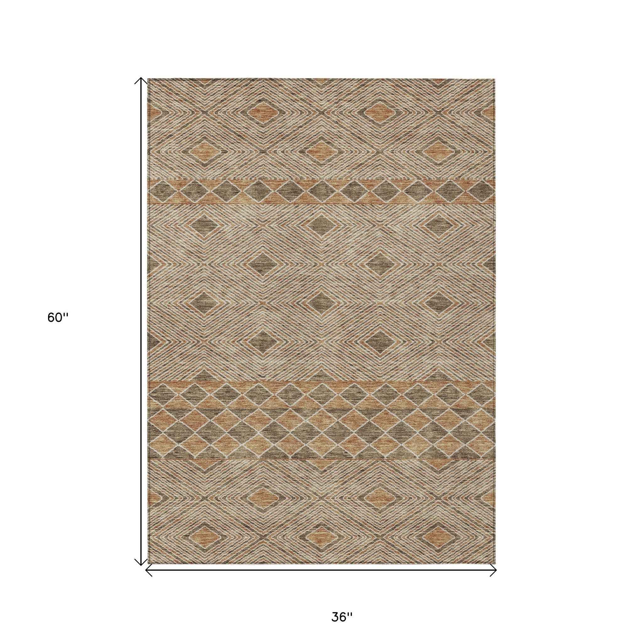 3' X 5' Brown And Beige Geometric Washable Indoor Outdoor Area Rug