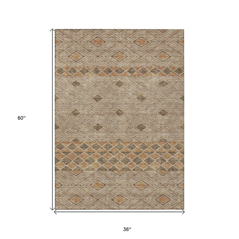 3' X 5' Brown And Beige Geometric Washable Indoor Outdoor Area Rug