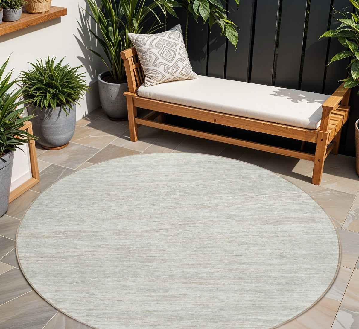 8' Ivory And Gray Round Striped Washable Indoor Outdoor Area Rug