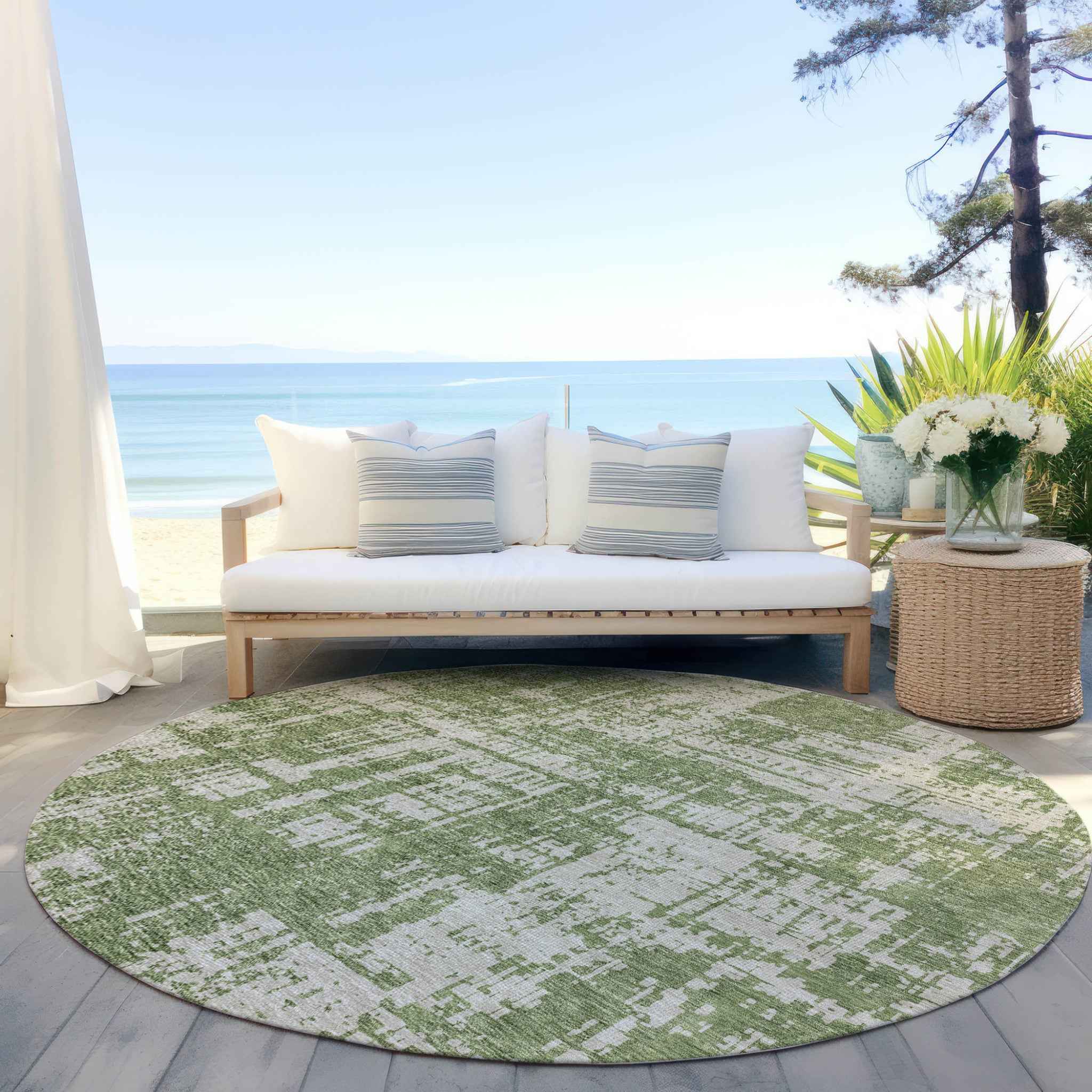 8' Green And Beige Round Abstract Washable Indoor Outdoor Area Rug