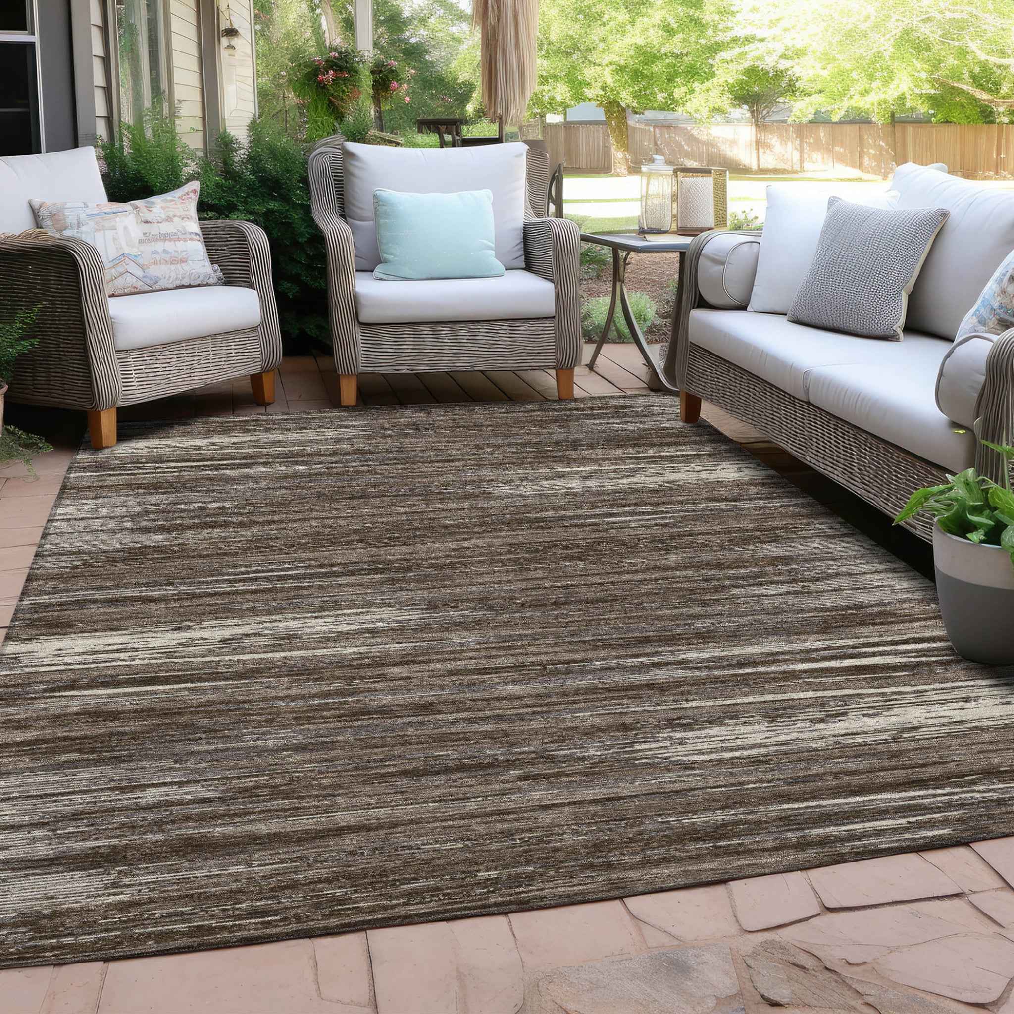 3' X 5' Brown And Ivory Striped Washable Indoor Outdoor Area Rug