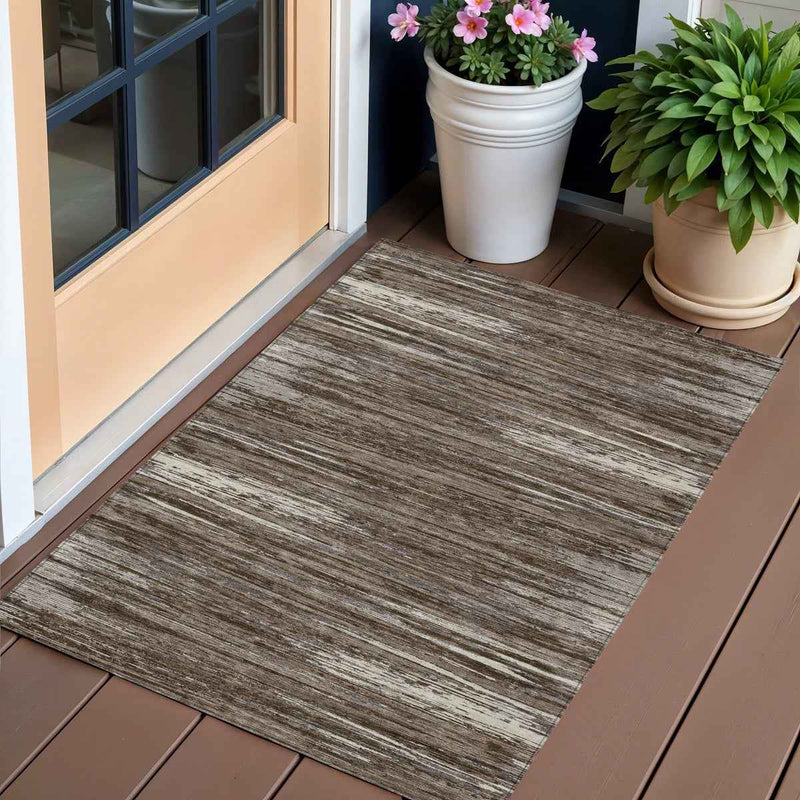 3' X 5' Brown And Ivory Striped Washable Indoor Outdoor Area Rug
