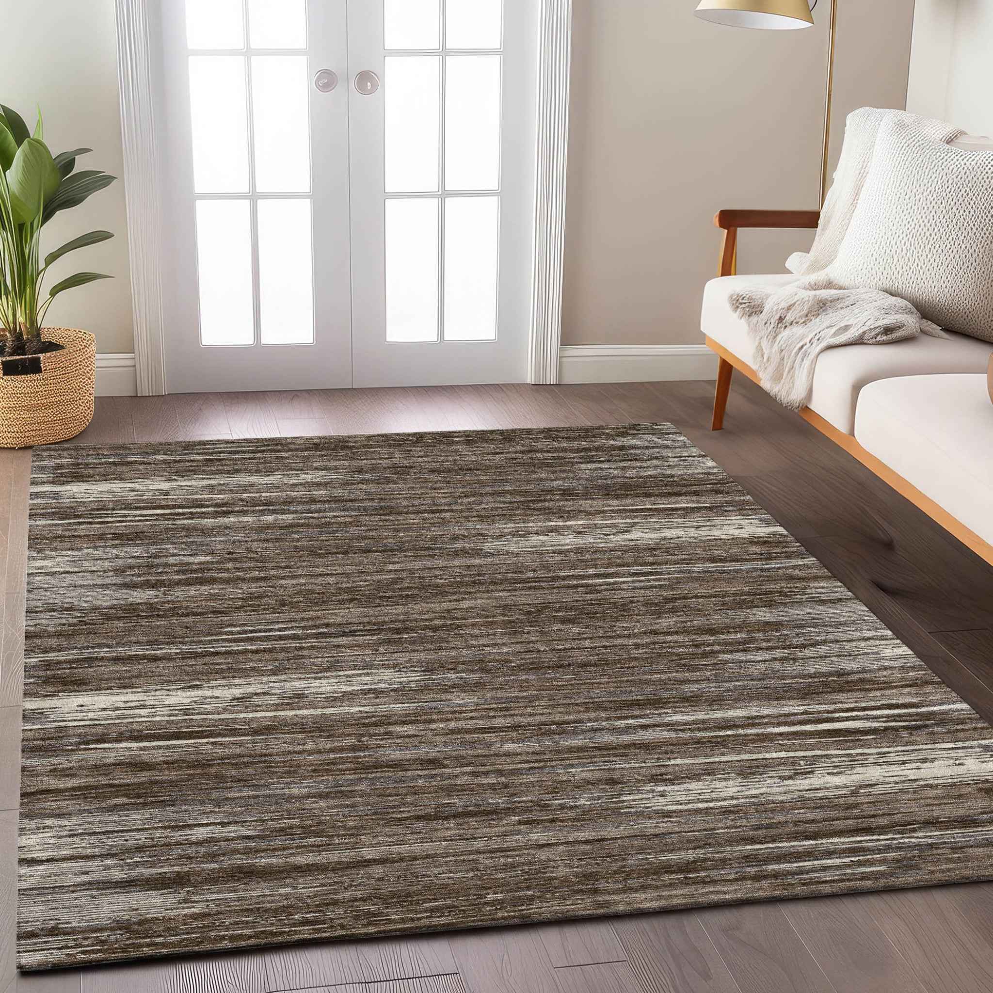 3' X 5' Brown And Ivory Striped Washable Indoor Outdoor Area Rug