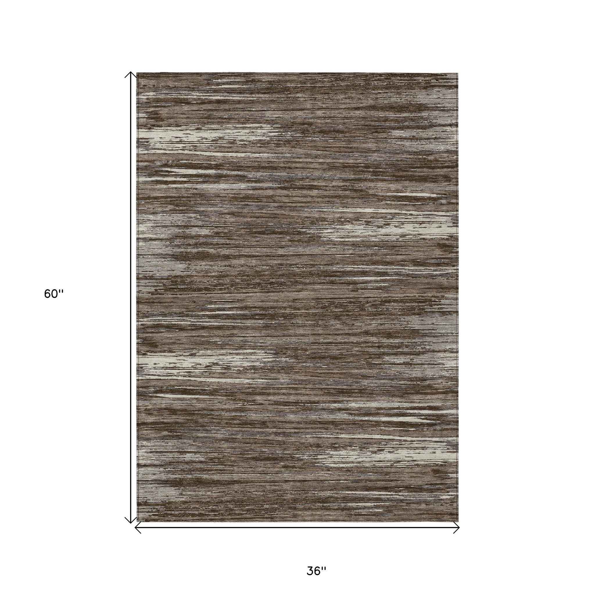 3' X 5' Brown And Ivory Striped Washable Indoor Outdoor Area Rug