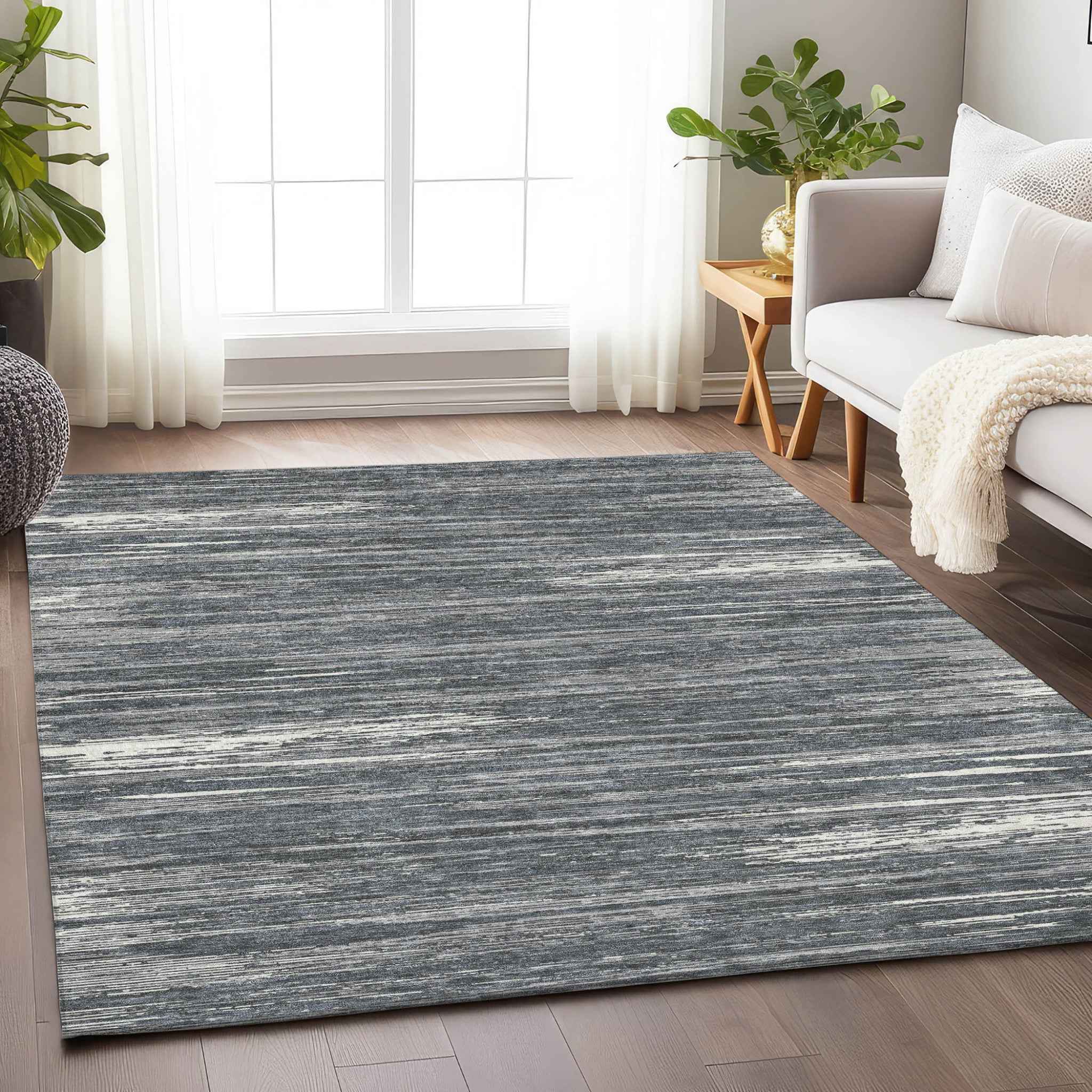 3' X 5' Gray And Ivory Striped Washable Indoor Outdoor Area Rug