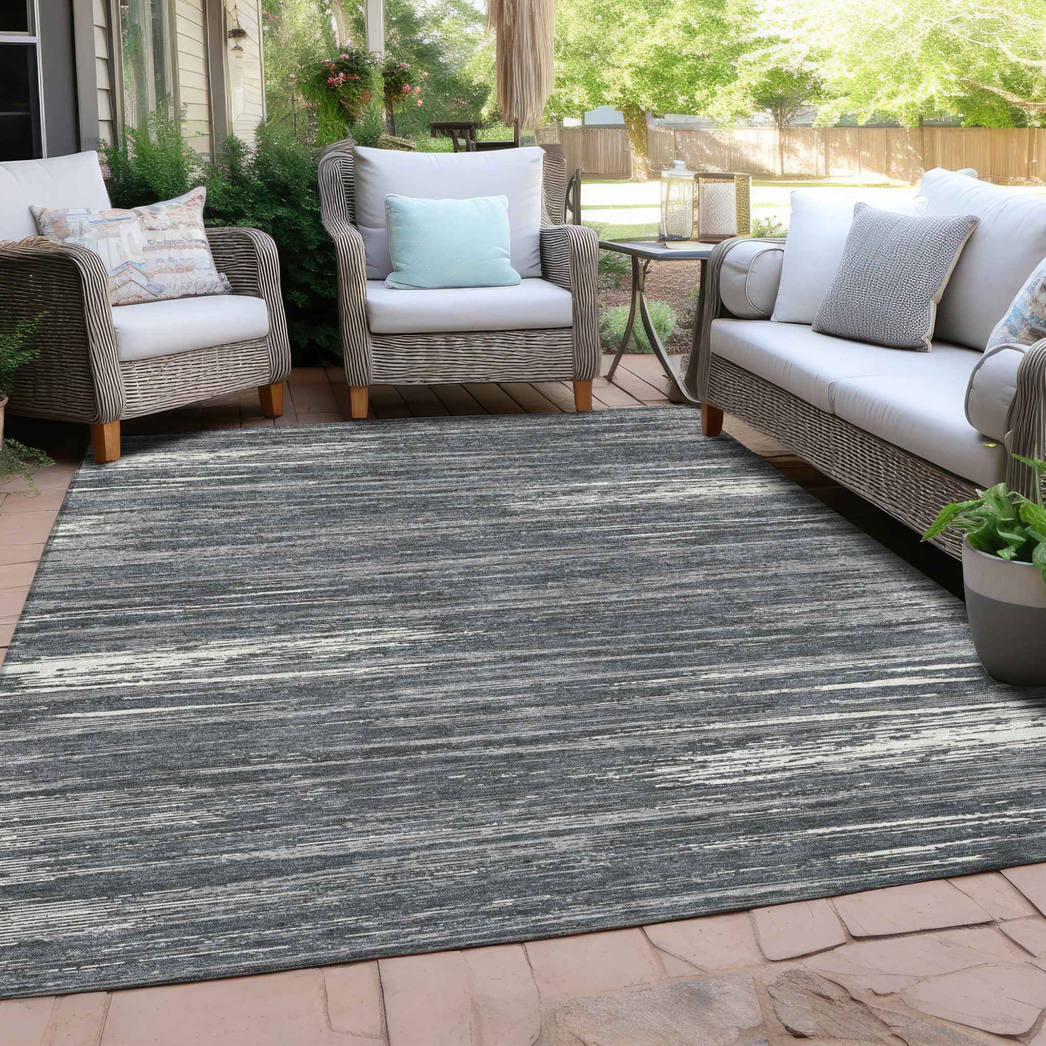 3' X 5' Gray And Ivory Striped Washable Indoor Outdoor Area Rug
