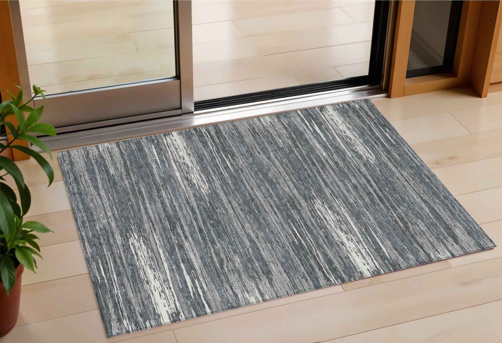 3' X 5' Gray And Ivory Striped Washable Indoor Outdoor Area Rug