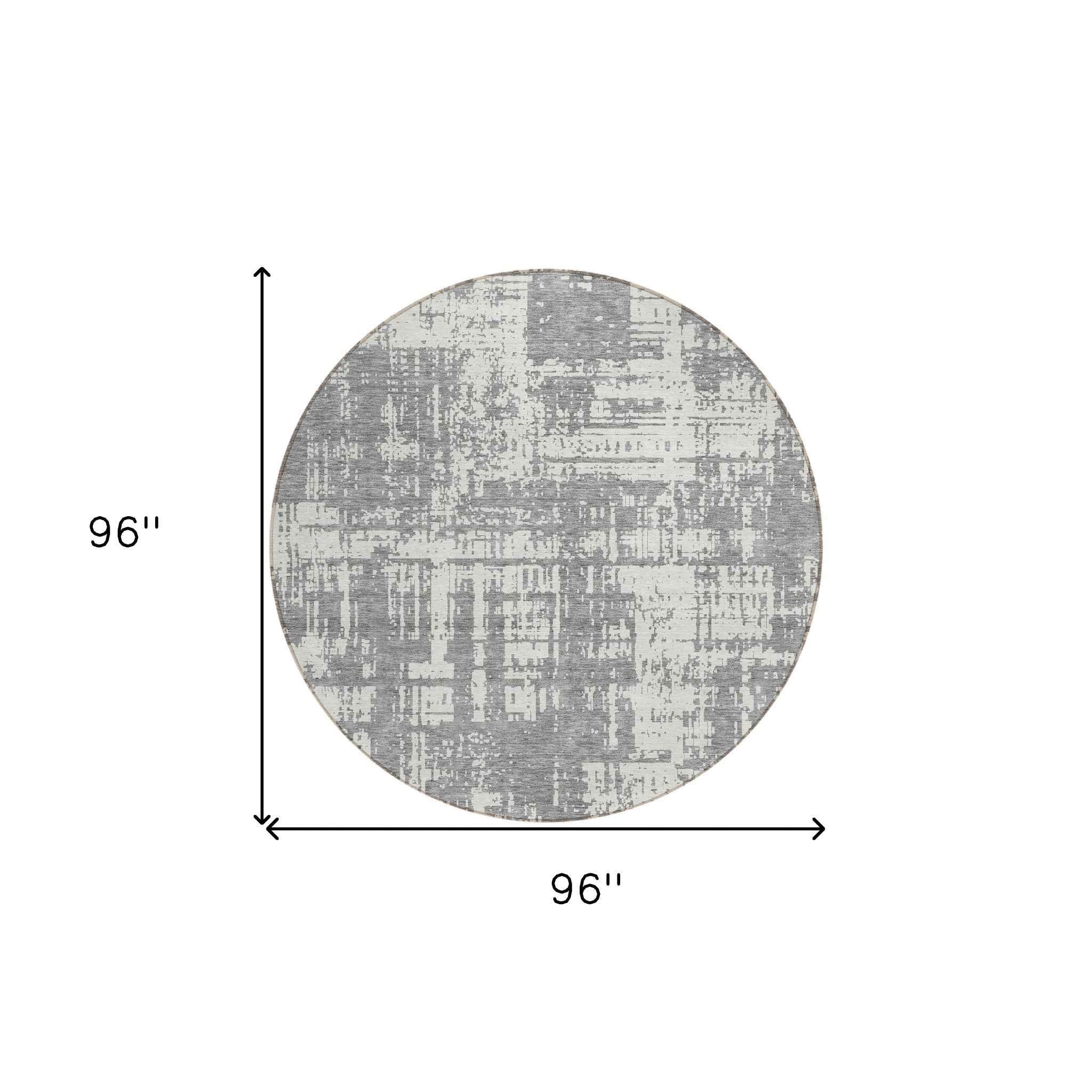 8' Gray And Ivory Round Abstract Washable Indoor Outdoor Area Rug