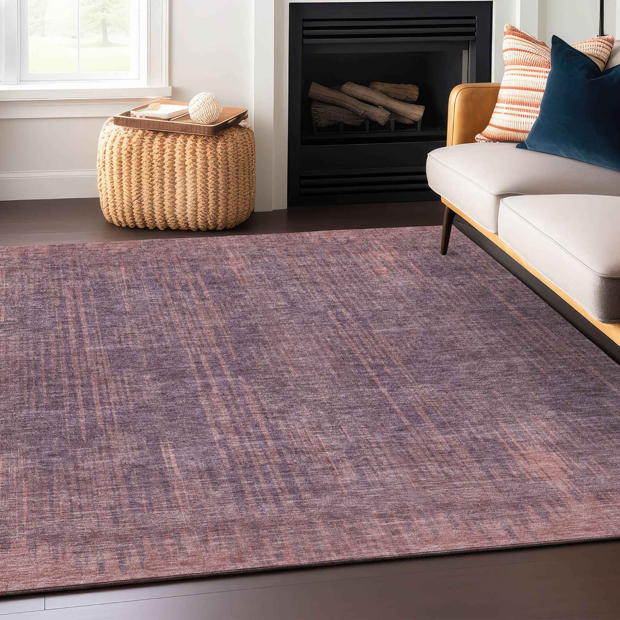8' X 10' Mauve And Dark Purple Striped Washable Indoor Outdoor Area Rug