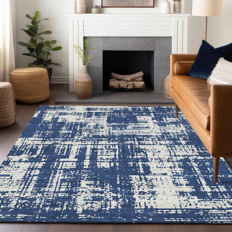 8' X 10' Navy Blue And Ivory Abstract Washable Indoor Outdoor Area Rug