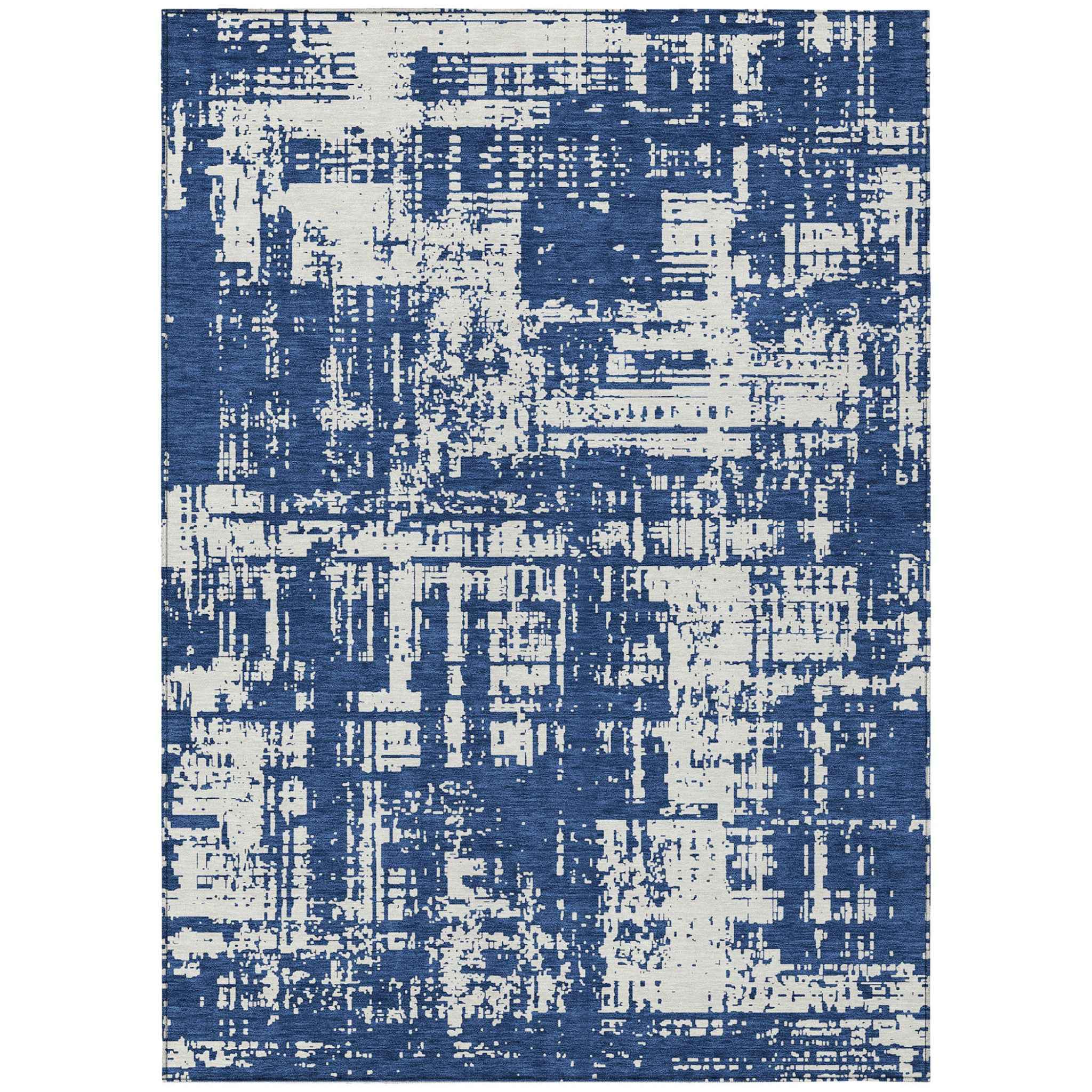 8' X 10' Navy Blue And Ivory Abstract Washable Indoor Outdoor Area Rug