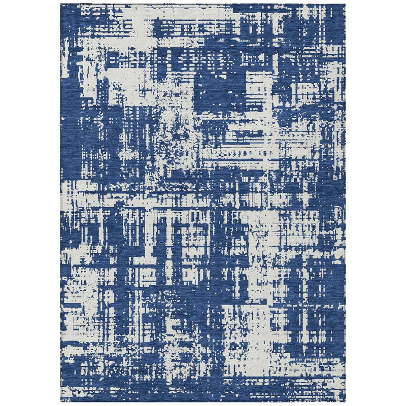8' X 10' Navy Blue And Ivory Abstract Washable Indoor Outdoor Area Rug