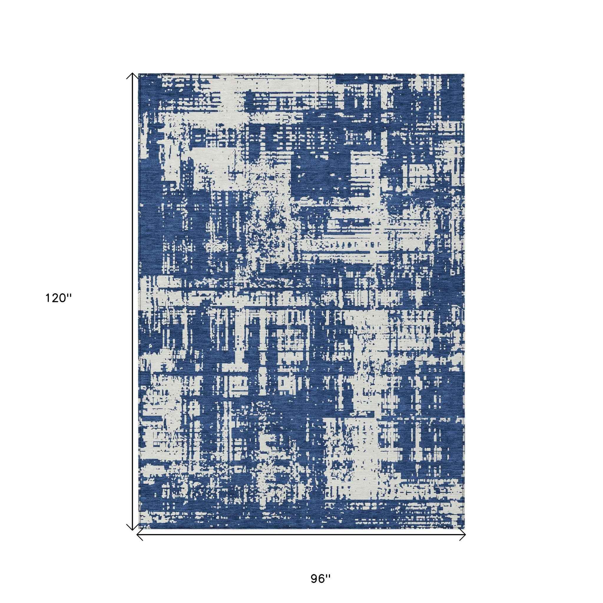 8' X 10' Navy Blue And Ivory Abstract Washable Indoor Outdoor Area Rug